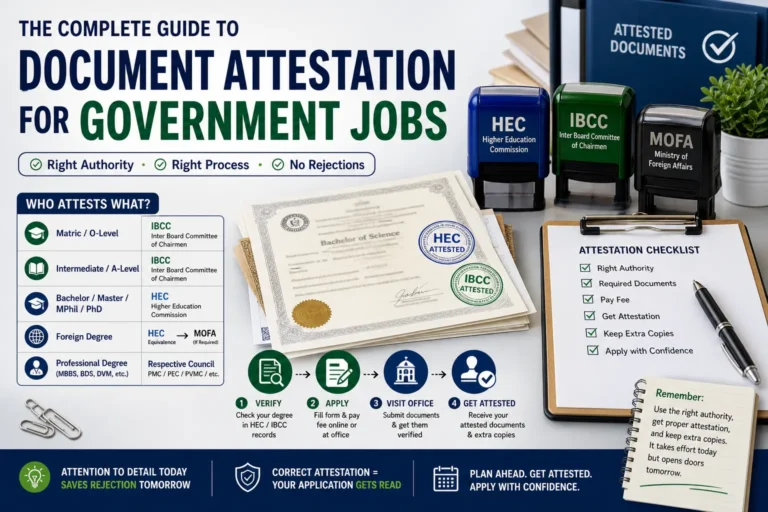 Step-by-step guide for HEC, IBCC, and MOFA document attestation for government job applications in Pakistan.