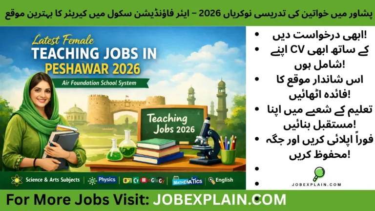 Female teaching jobs in Peshawar 2026 at Air Foundation School System – female teacher holding books with classroom and Peshawar skyline background