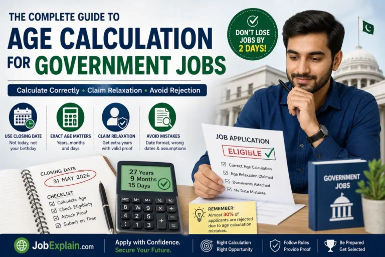 Complete guide to calculating age for Pakistan government jobs with closing date rules, age relaxation, and eligibility calculator.