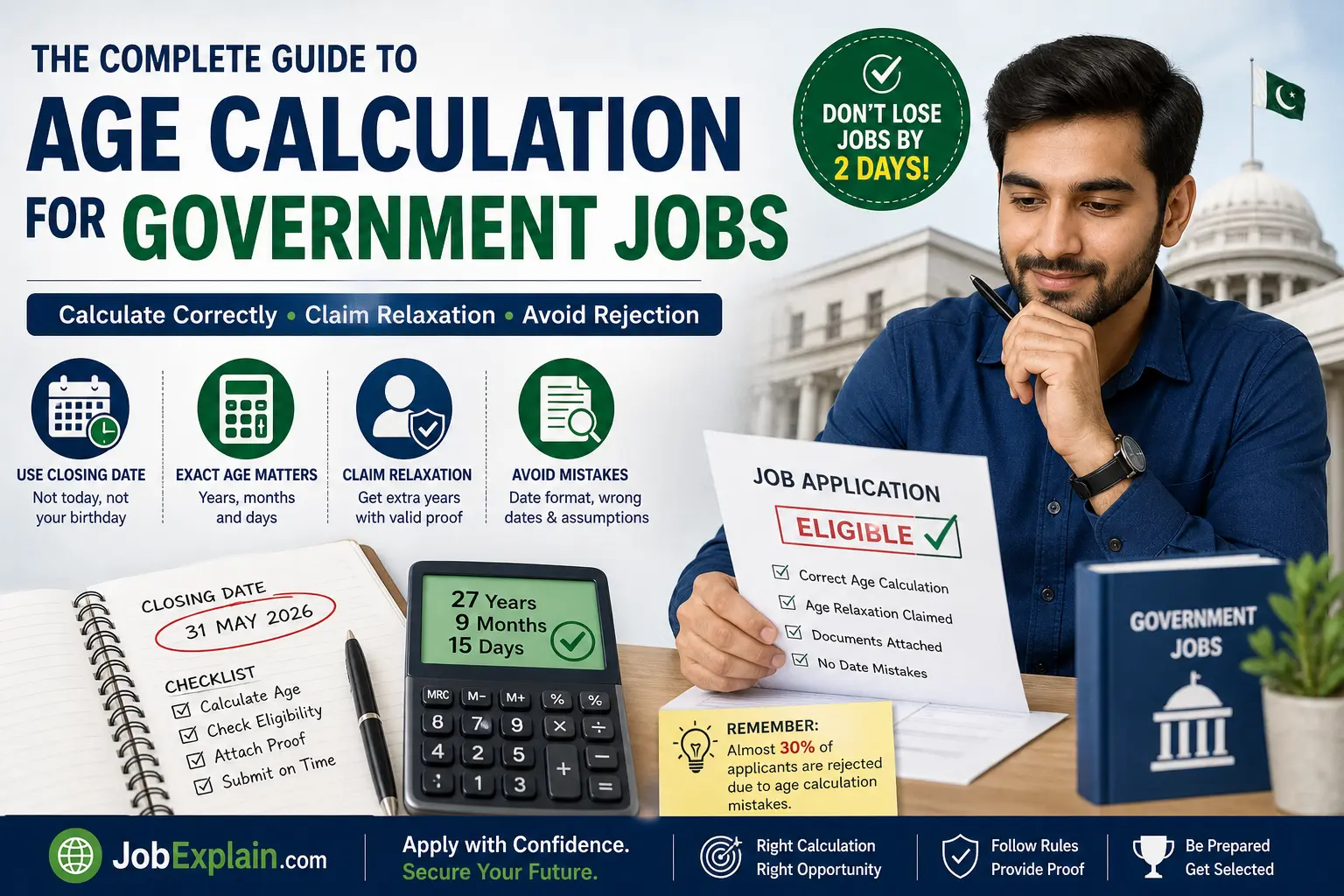 Complete guide to calculating age for Pakistan government jobs with closing date rules, age relaxation, and eligibility calculator.