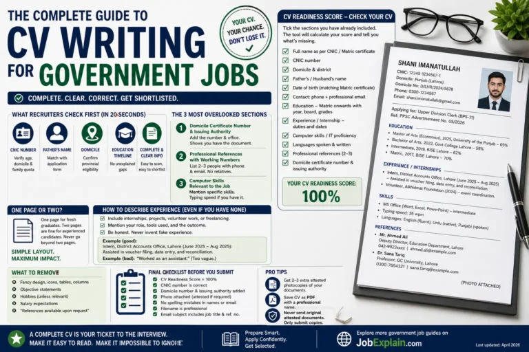 Professional government job CV format guide with CV readiness checklist and recruiter tips for Pakistan jobs.