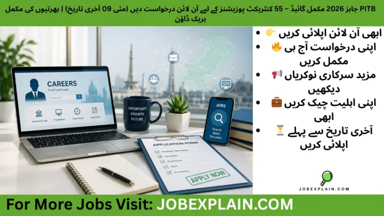 Modern workspace showing online job application concept for PITB Jobs 2026 in Pakistan with laptop, application form, and digital career interface.