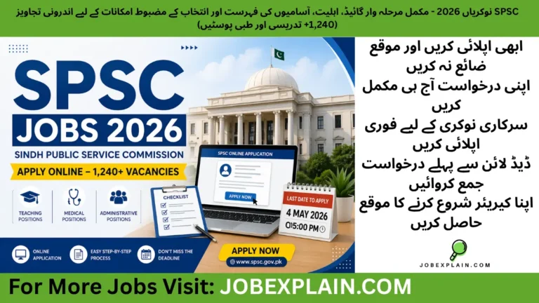 SPSC Jobs 2026 apply online guide showing 1,240+ teaching, medical and administrative vacancies with deadline 4 May 2026